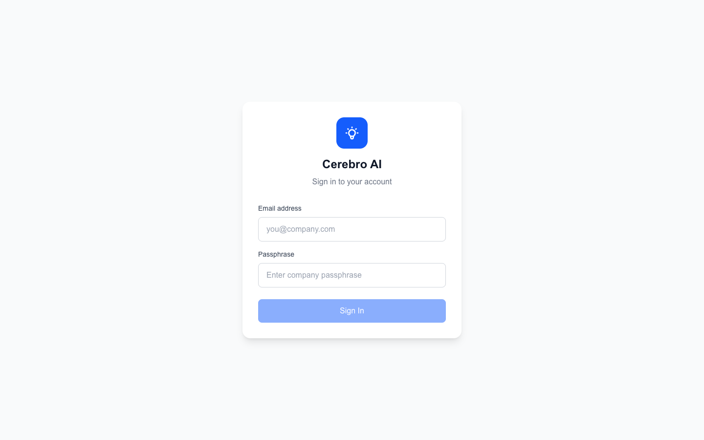 Cerebro login page for the enterprise RAG knowledge platform