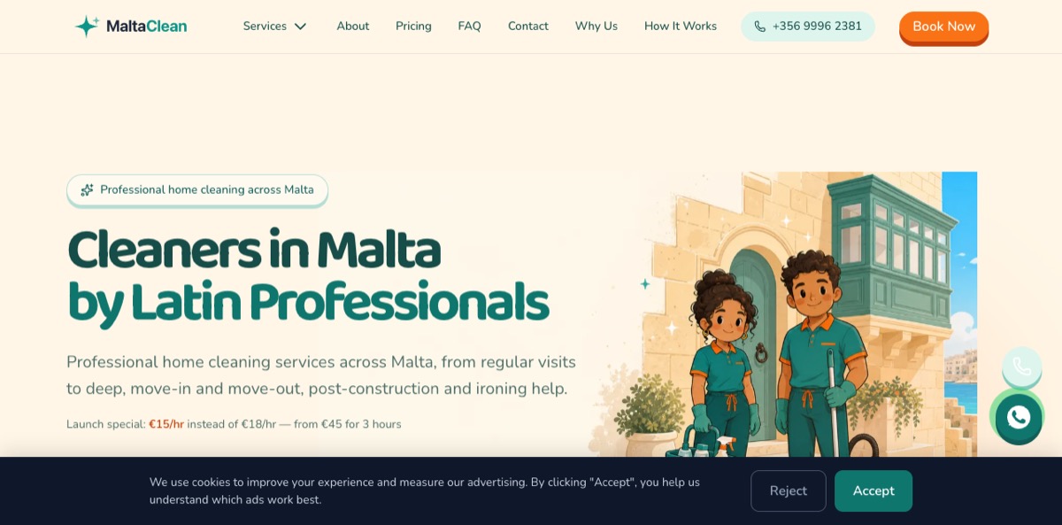 MaltaCleaners public website offering home cleaning and booking in Malta