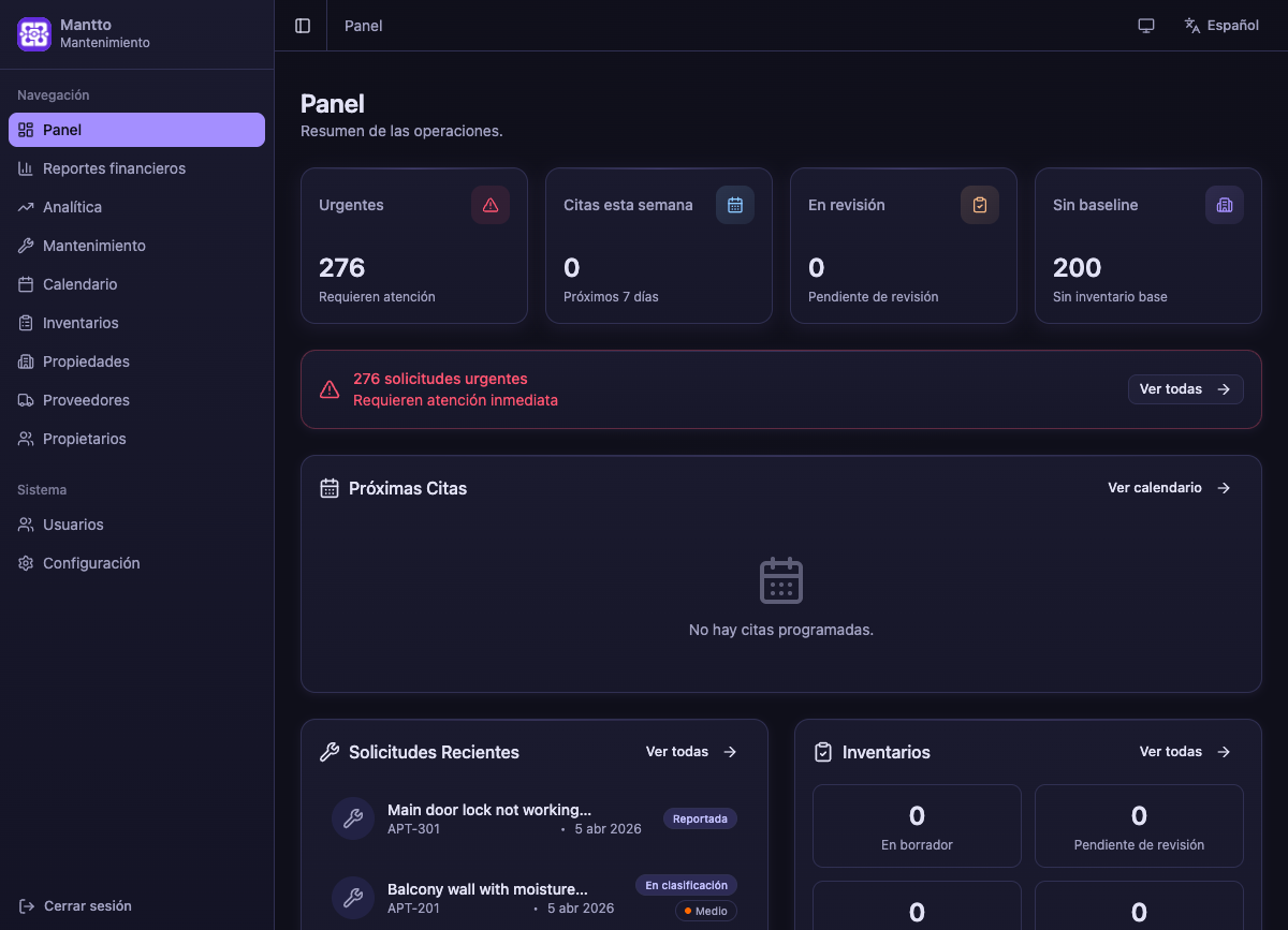 Mantto dashboard showing property overview with active inspections and AI-generated findings