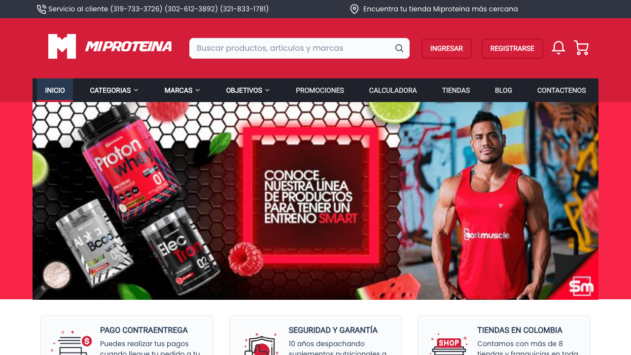 Miproteina homepage showing product catalog with nutritional supplements and categories